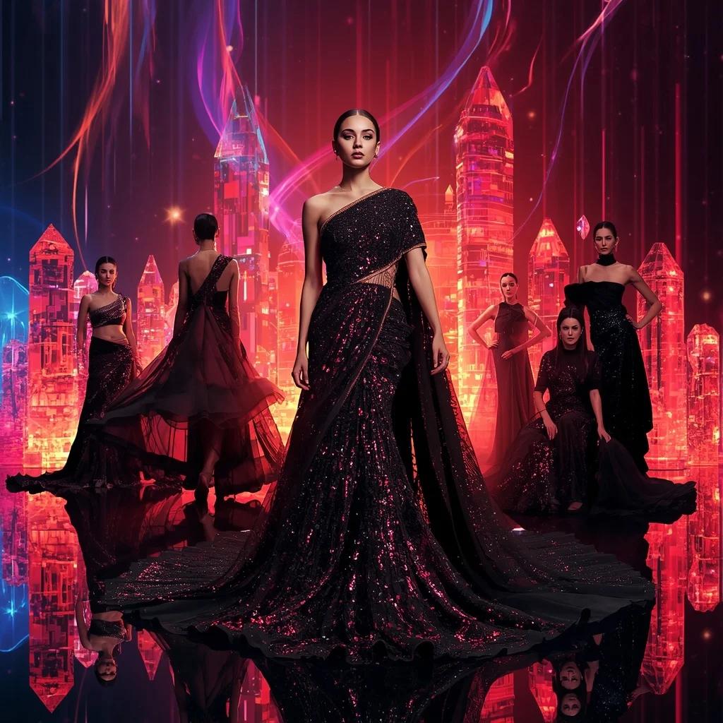 Obsidian Flame Festival Saree with RGB Crystal Skyline Fortress | Indian Saree Ai Prompt