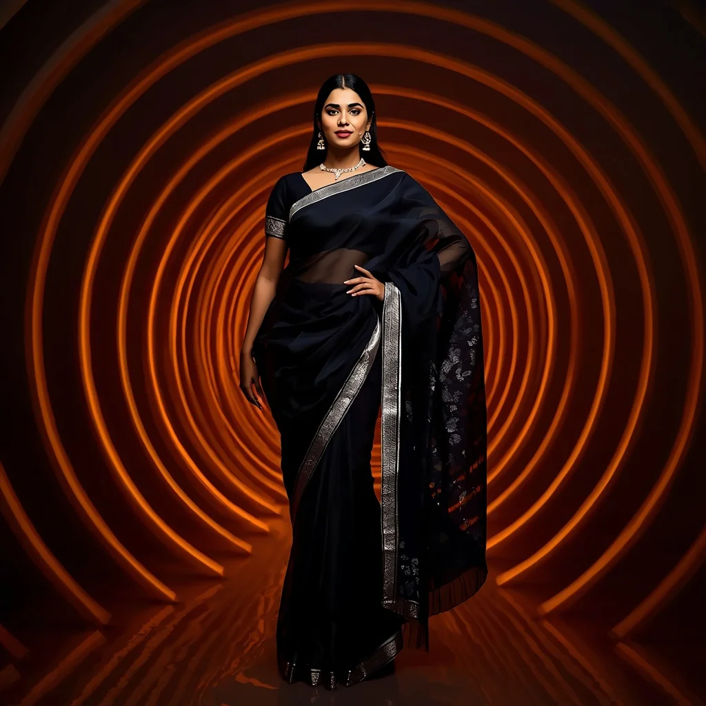 Obsidian Glass-Tissue Saree – Hand-on-Hip Gaze with Amber LED Rings | Trending Prompt Girls Instagram