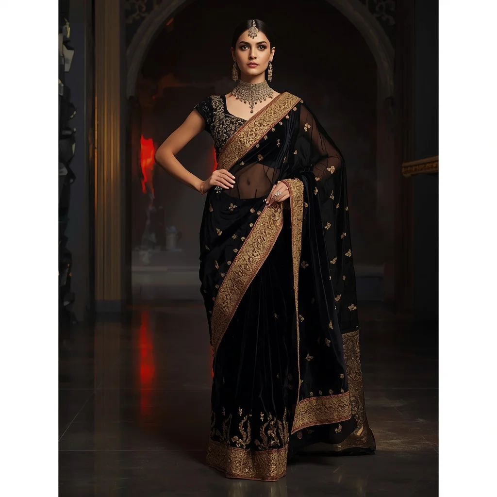 Obsidian Gold Voidflare Eclipse Saree – Dark Luxury Saree with Bold Pose and Voidflare Eclipse Hall Background | Influencer Ai Prompt
