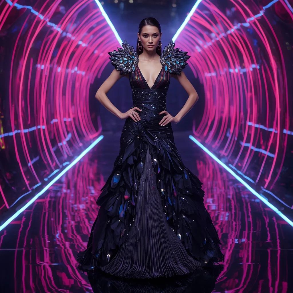 Obsidian Lotus Fantasy Saree with Infinity Aurora Reflection Hall | Woman Pose Ai Prompt