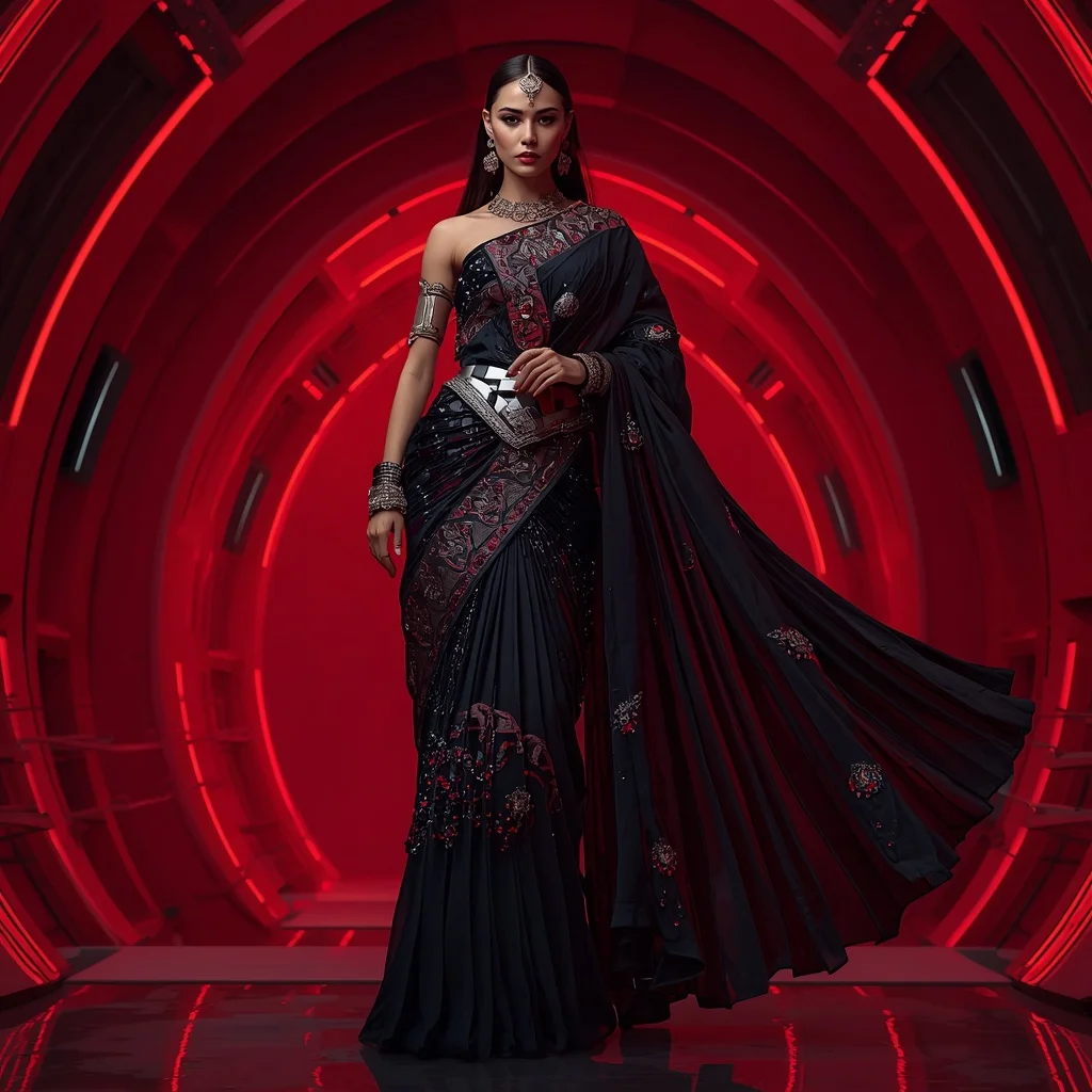 Obsidian Panther Royale Saree with Crimson Hypervault Citadel | Character Design Ai Prompt