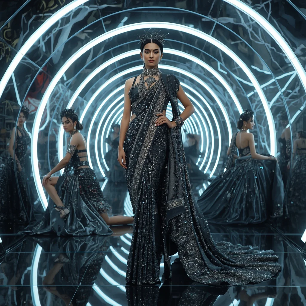 Obsidian Prism Queen Saree with Curved Mirror Tunnel | Easy Ai Prompt