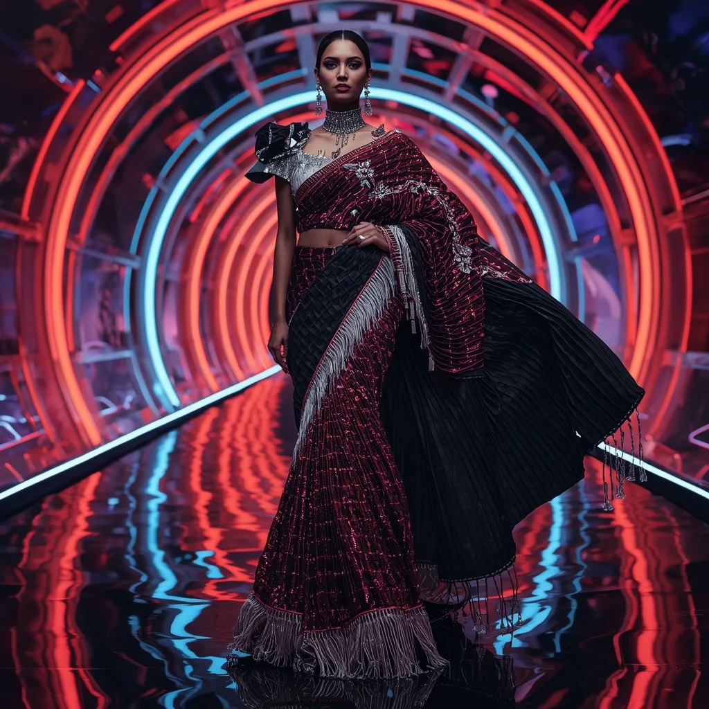 Obsidian Prism Royale Saree with Floating Neon Infinity Palace | Prompt For Saree In English