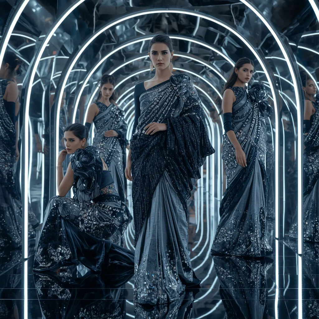 Obsidian Prism Thunder Saree with Curved Mirror Corridor | 4k Ai Prompt