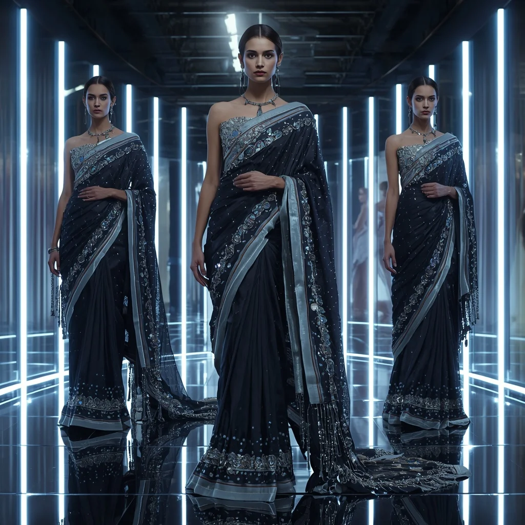 Obsidian Prism Thunder Saree with Curved Mirror Infinity Empire | Instagram Influencer Ai Prompt