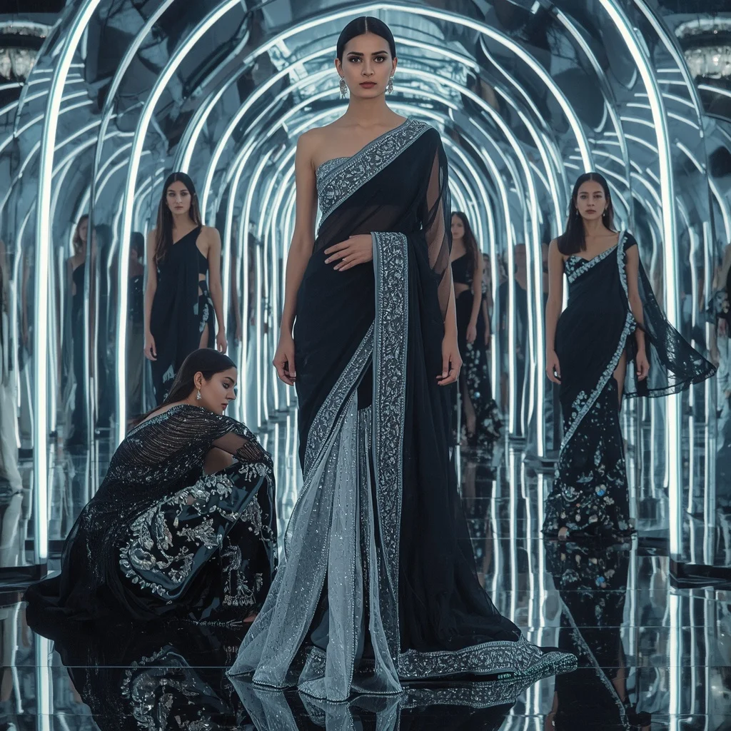 Obsidian Prism Thunder Saree with Curved Mirror Infinity Fortress | Prompt For Traditional Look For Girl Copy Paste