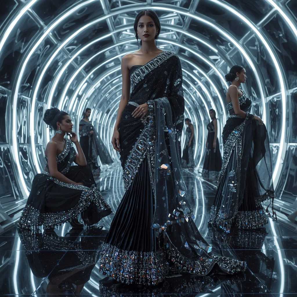 Obsidian Prism Thunder Saree with Curved Mirror Infinity Orbit Palace | Ideogram Ai Prompt