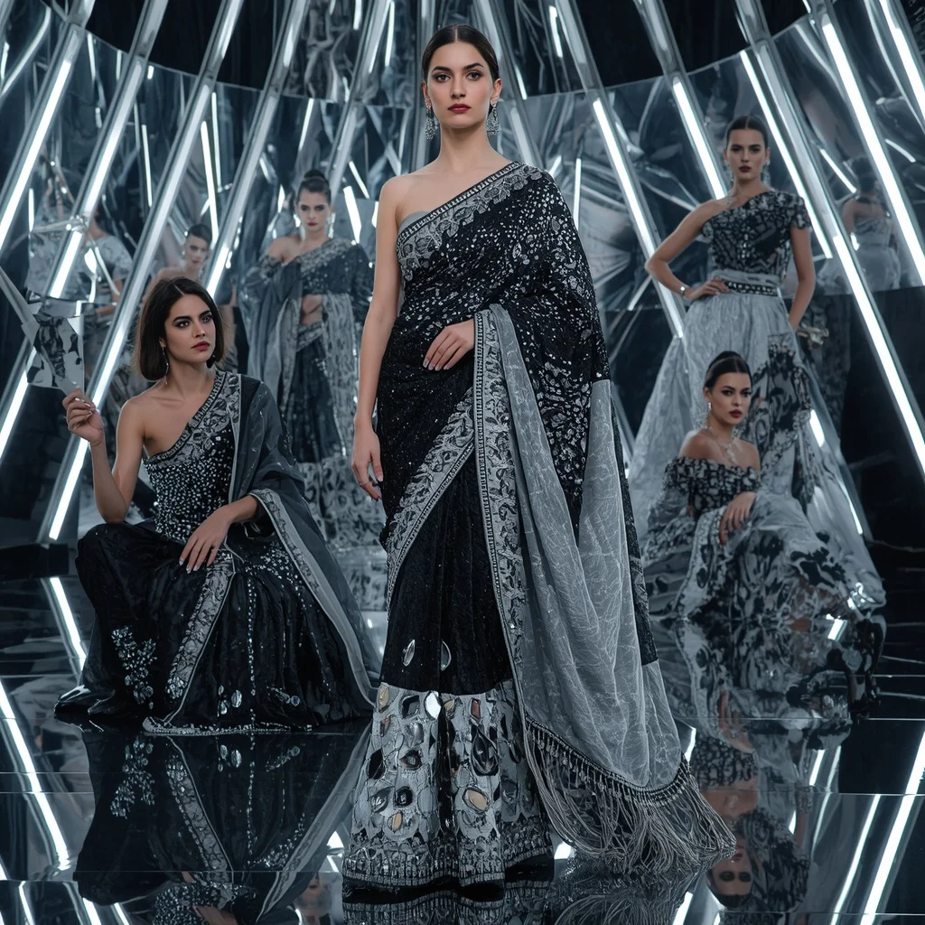 Obsidian Prism Thunder Saree with Curved Mirror Infinity Orbit Palace | New Instagram Trend Prompt For Girl Love