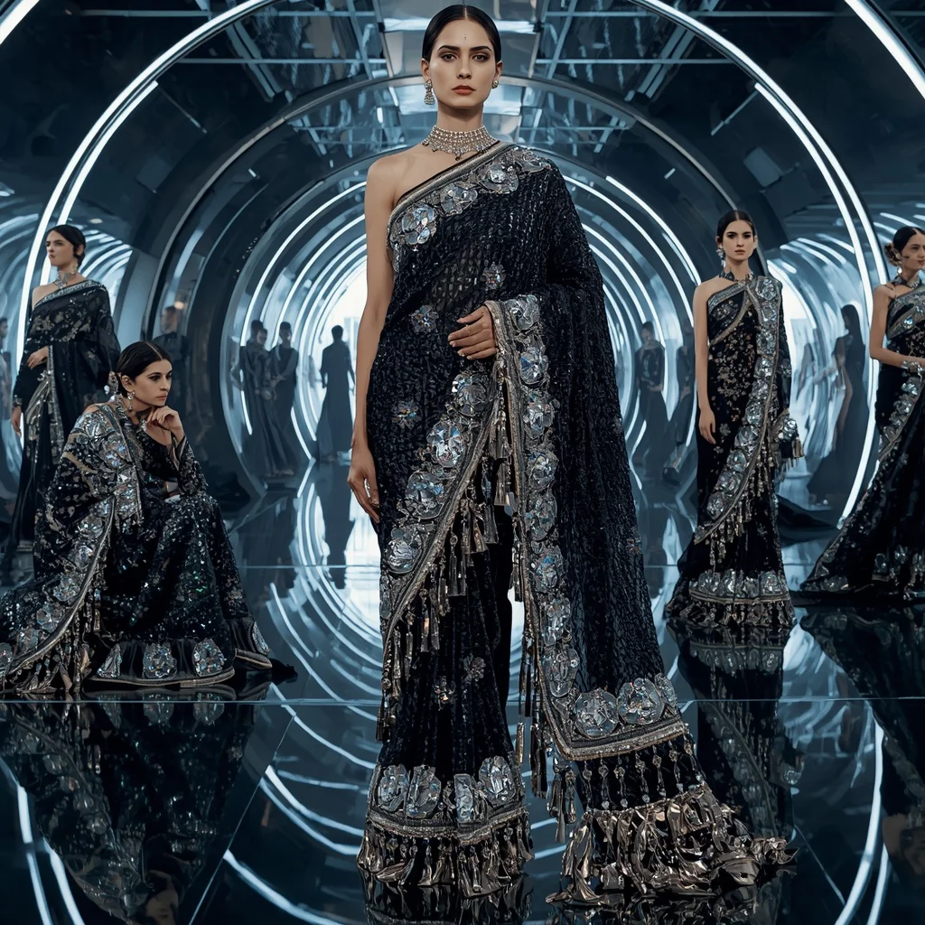 Obsidian Prism Thunder Saree with Curved Mirror Infinity Temple | Prompt Engineering