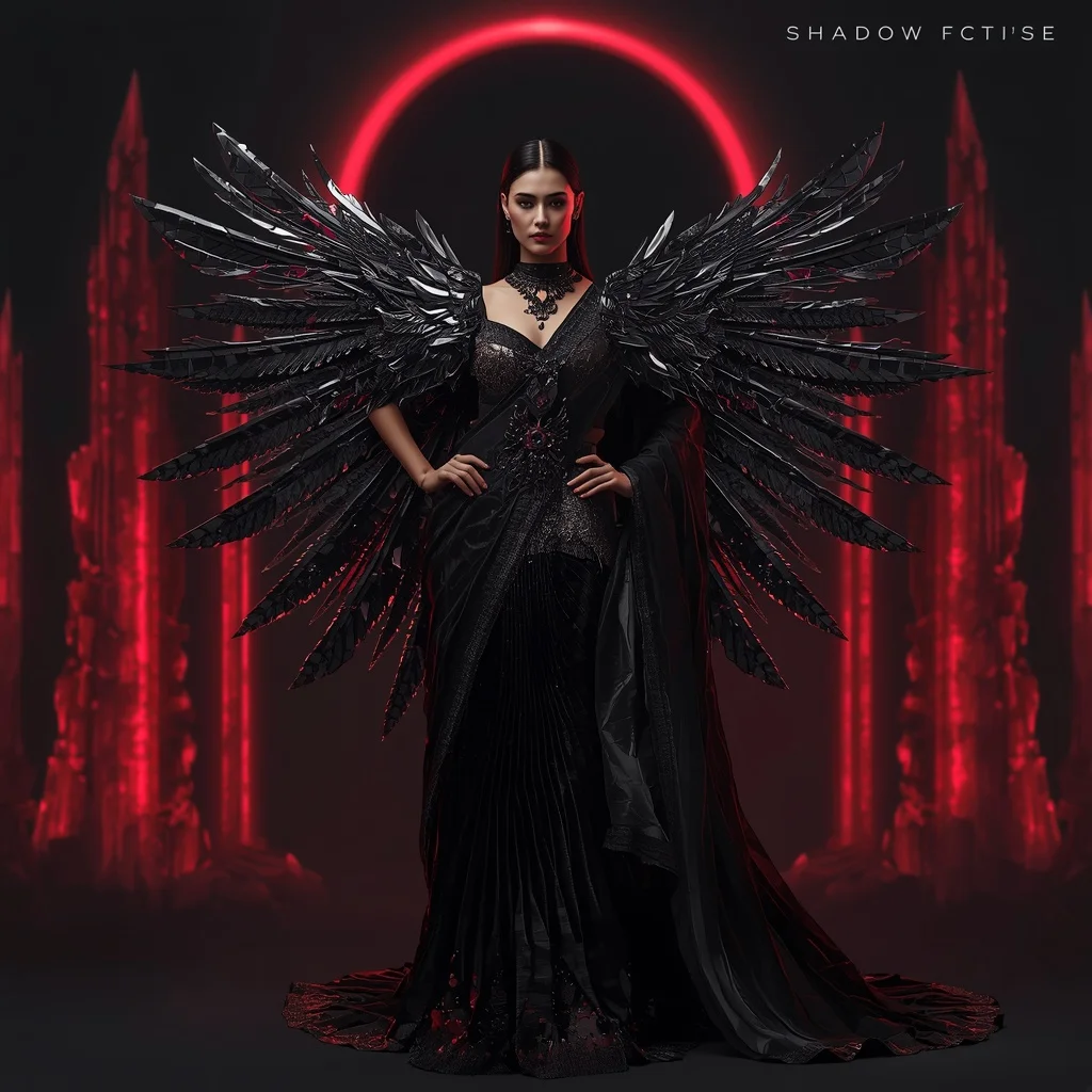 Obsidian Raven Warrior Saree with Crimson Crystal Towers and Shadow Eclipse Citadel | Female Model Ai Prompt