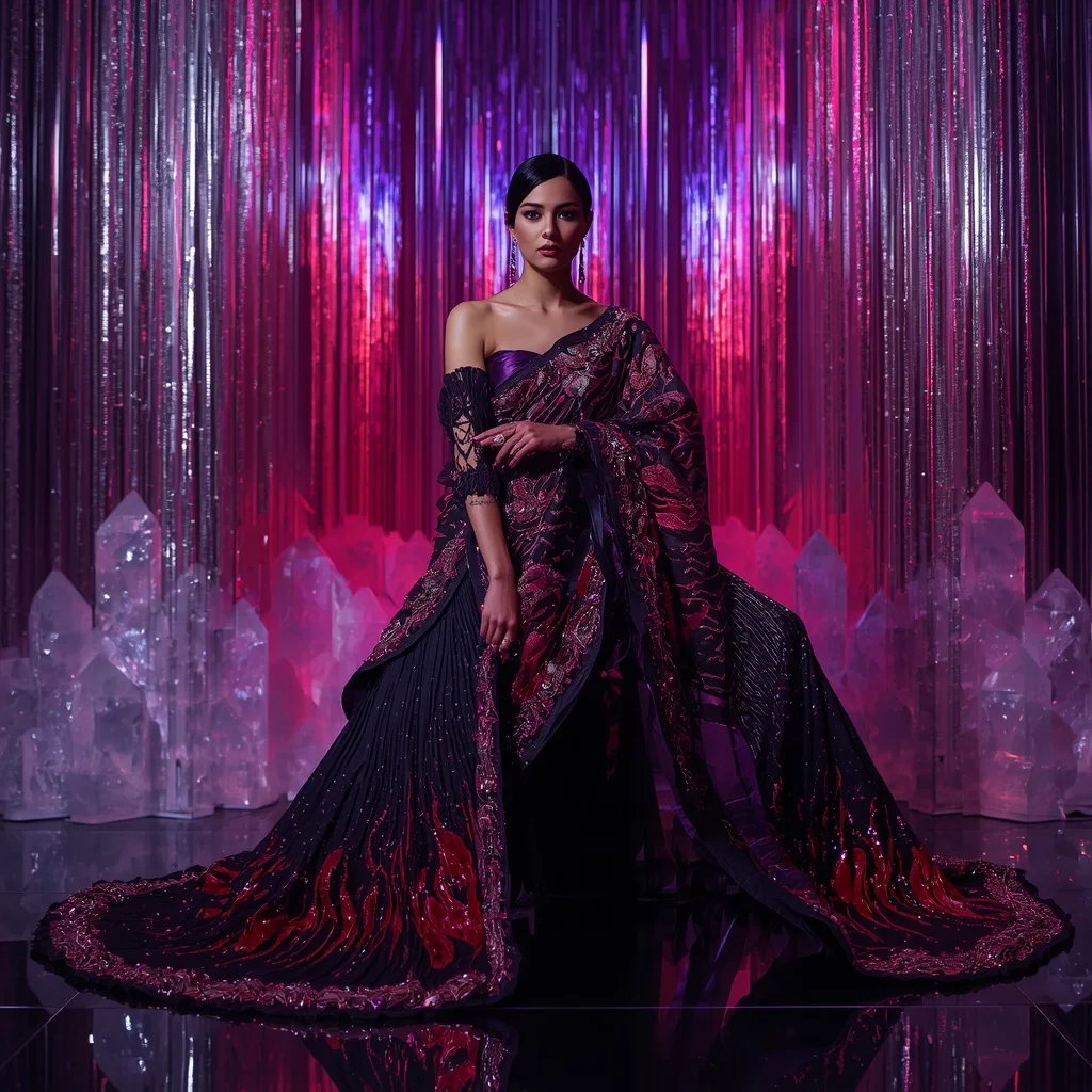 Obsidian Ruby Galaxy Saree with Infinity Plasma Crystal Palace | Festive Prompt