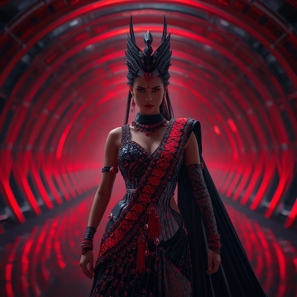 Obsidian Serpent Crown Saree with Crimson Hypervault Fortress | Trending Girl Photo Prompt