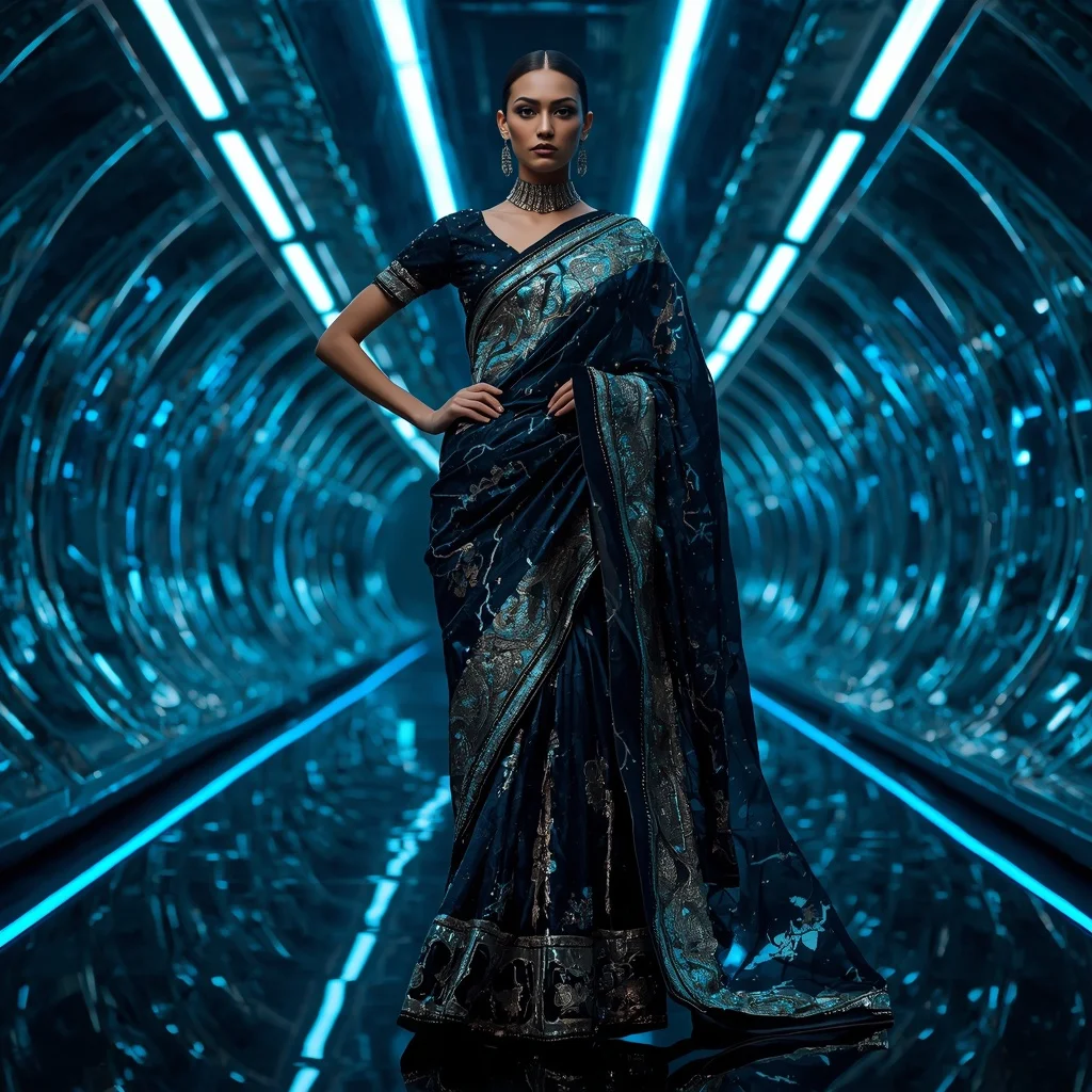 Obsidian Thunder Celestial Infinity Saree with One Hundred Dynamic Poses and Futuristic Orbit Eternal Omniverse | Saree Ai Prompt