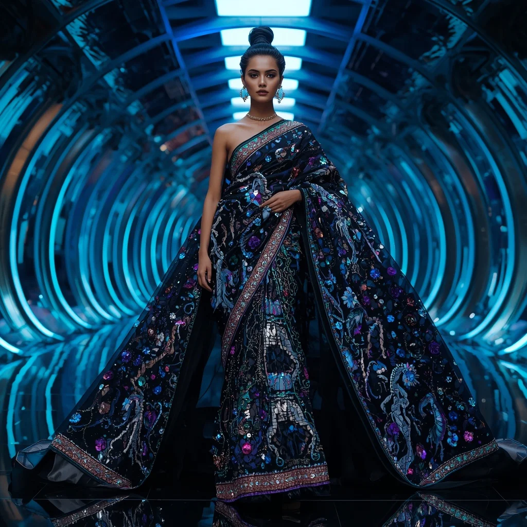Obsidian Thunder Quantum Megaverse Saree with Three Thousand Dynamic Poses and Futuristic Orbit Infinite Hyperverse | Instagram Photography Ai Prompt
