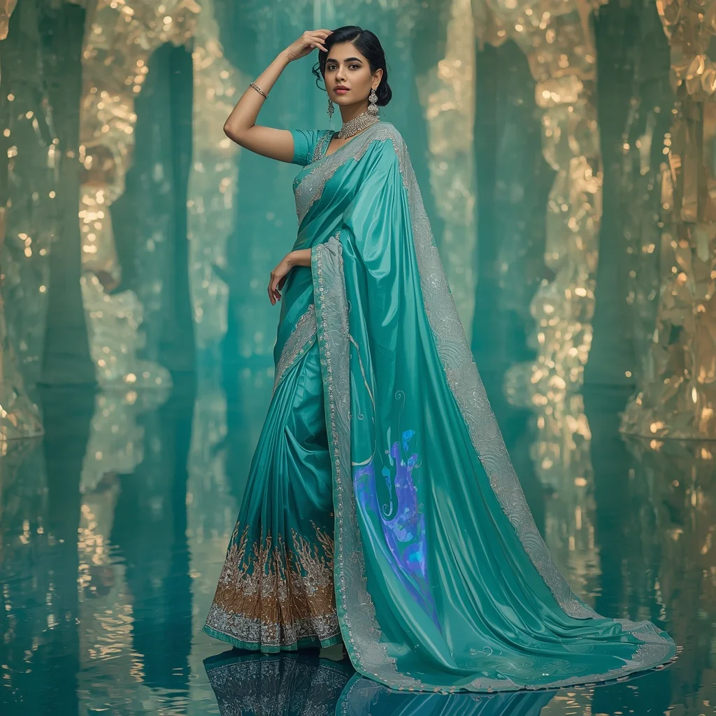 Ocean Prism Inferno Saree – Luxury Modern Saree with Side Twirl Pose and Aqua Inferno Crystal Palace Background | Viral Instagram Ai Prompt