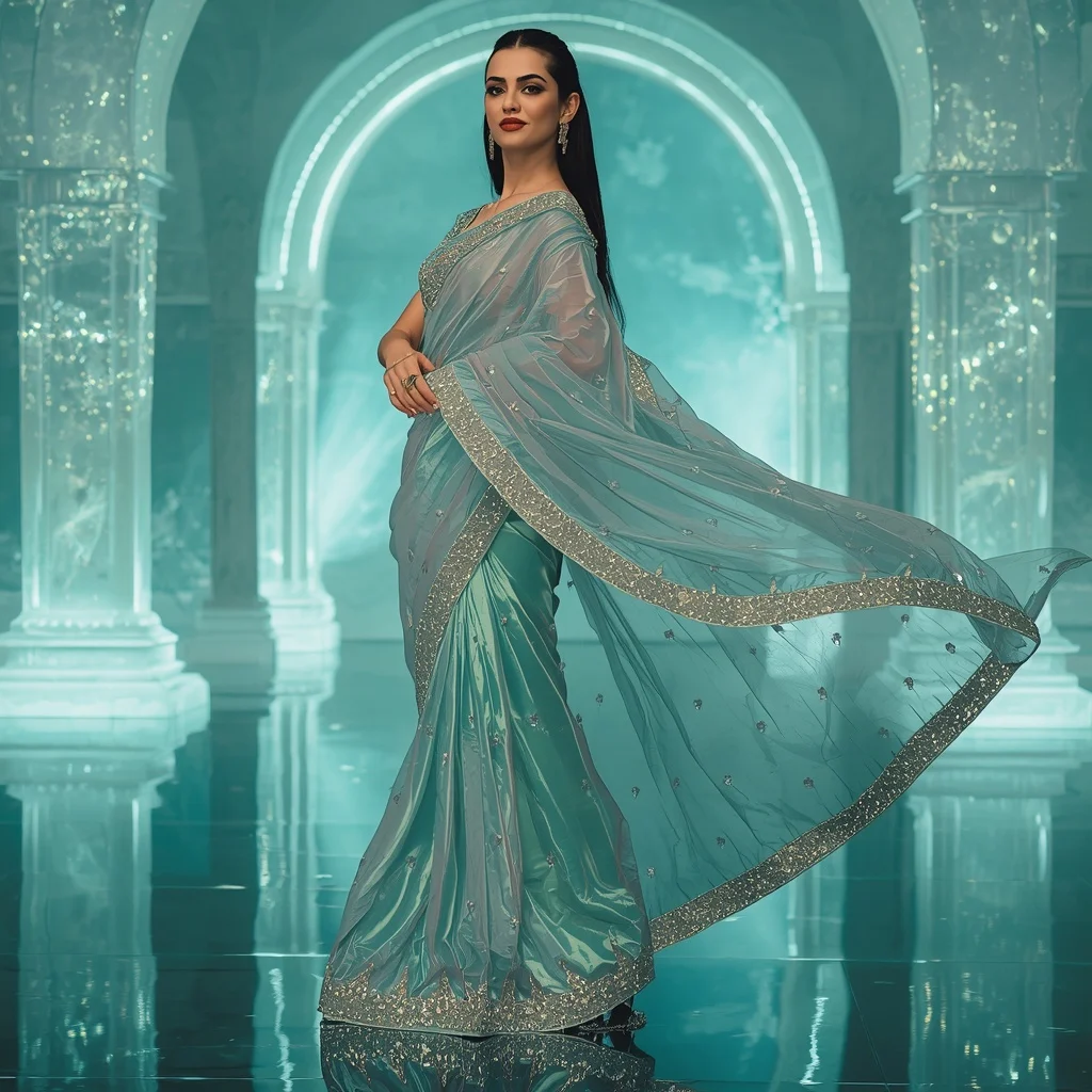 Ocean Prism Meteor Saree – Luxury Modern Saree with Side Twirl Pose and Aqua Meteor Crystal Palace Background | Gemini Photo Editing Prompt