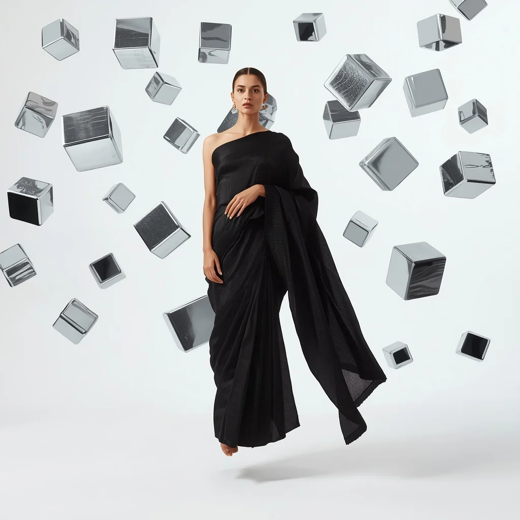 Onyx Micro-Pleat Saree – Levitation Pose with Floating Geometric Cubes | Trending Girl Photo Prompt