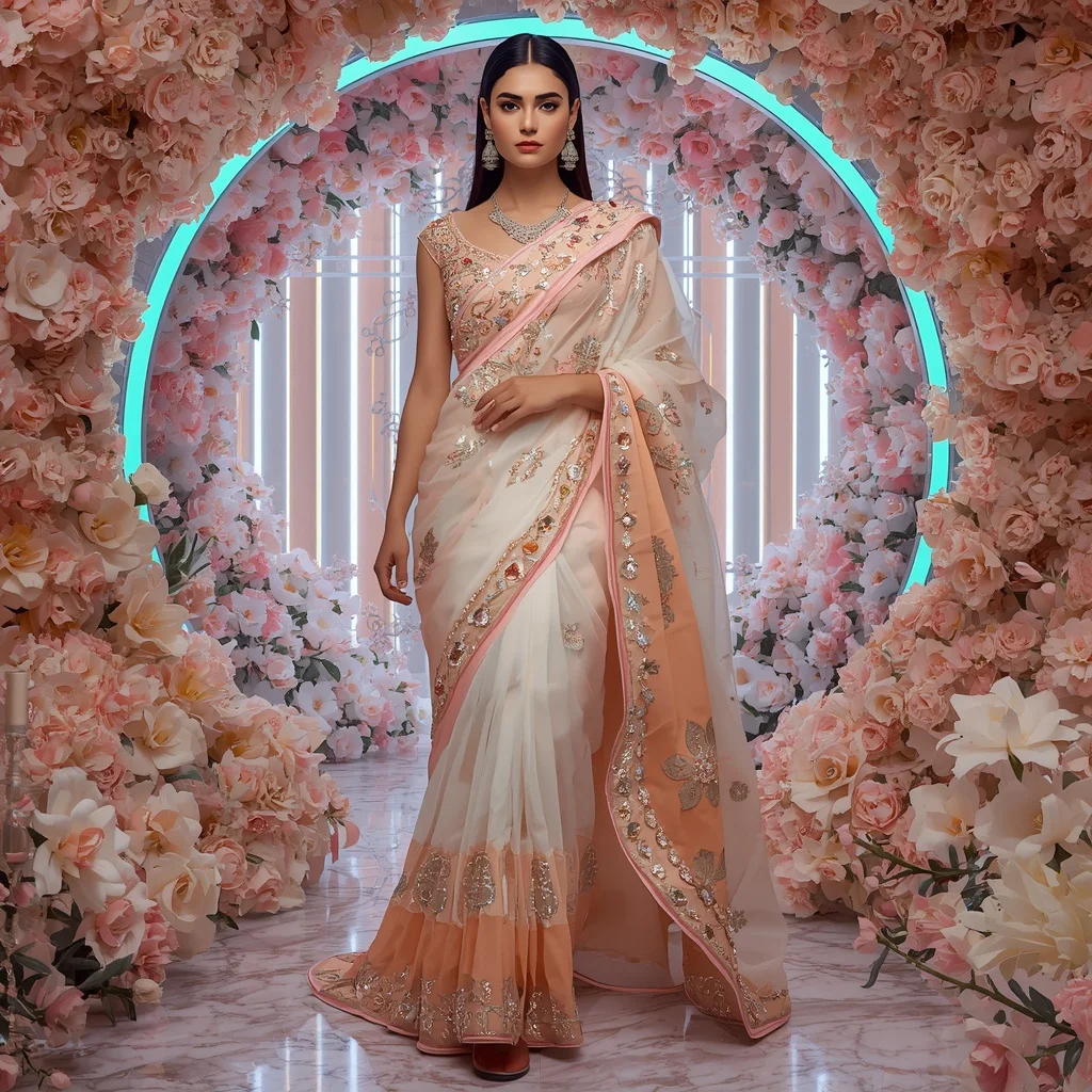 Opal Blossom Dynasty Saree with Prism Floral Infinity Sanctuary | Best Prompt For Traditional Look For Girl Chatgpt
