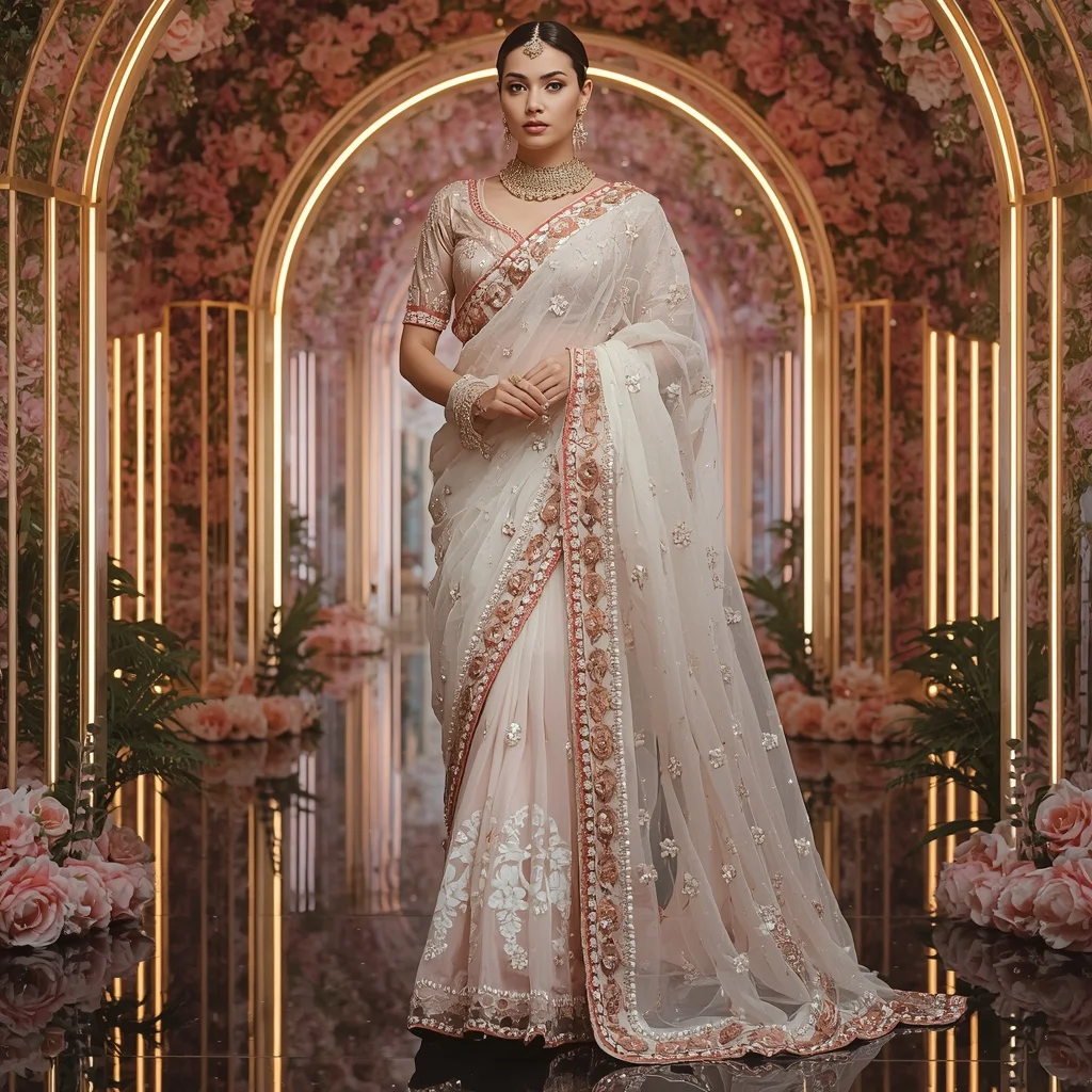 Opal Blossom Galaxy Saree with Prism Garden Infinity Cathedral | Prompt For Gemini AI Girl Trending