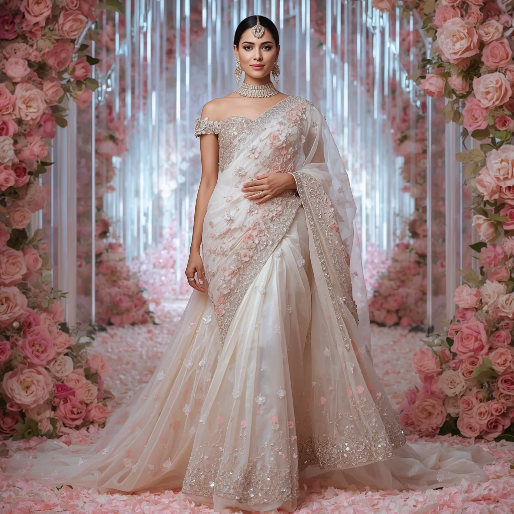 Opal Blossom Maharani Saree with Crystal Rose Cathedrals and Floral Infinity Realm | Female Model Ai Prompt