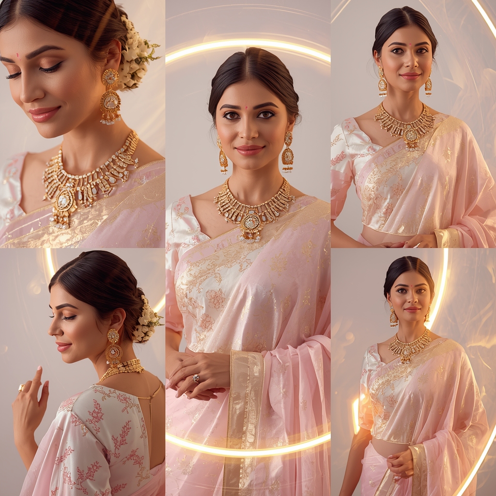 Orbital Pulse Halo Drift Pastel Saree Indian Woman Luxury Composition | Saree Prompt Text To Image