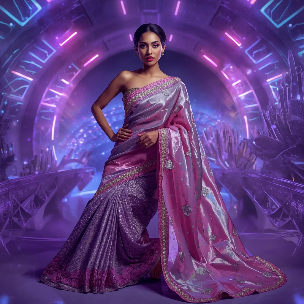 Orchid Aurora Infinity Saree with Neon DNA Crystal Galaxies | Ai Girl Image Prompt