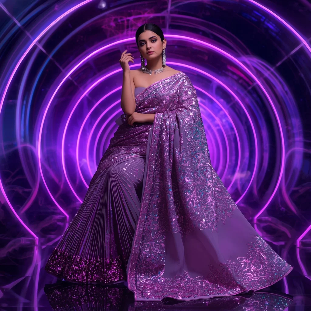 Orchid Aurora Infinity Saree with Neon DNA Crystal Universes | Youtube Thumbnail Ai Prompt
