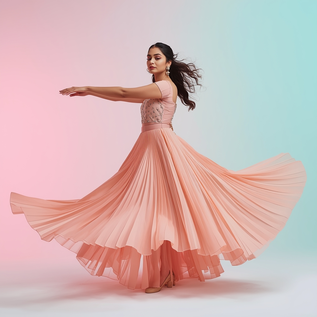 Pastel Anarkali Girl Side Expansion Arm Flow Pose | Modern Design Ai Prompt