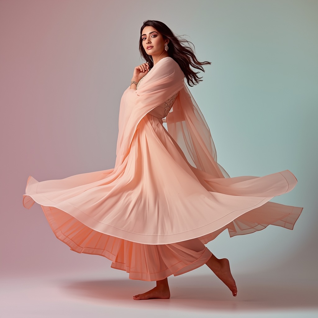 Pastel Festive Girl Cross Spin Pause Dupatta Layer Pose | Woman Pose Ai Prompt