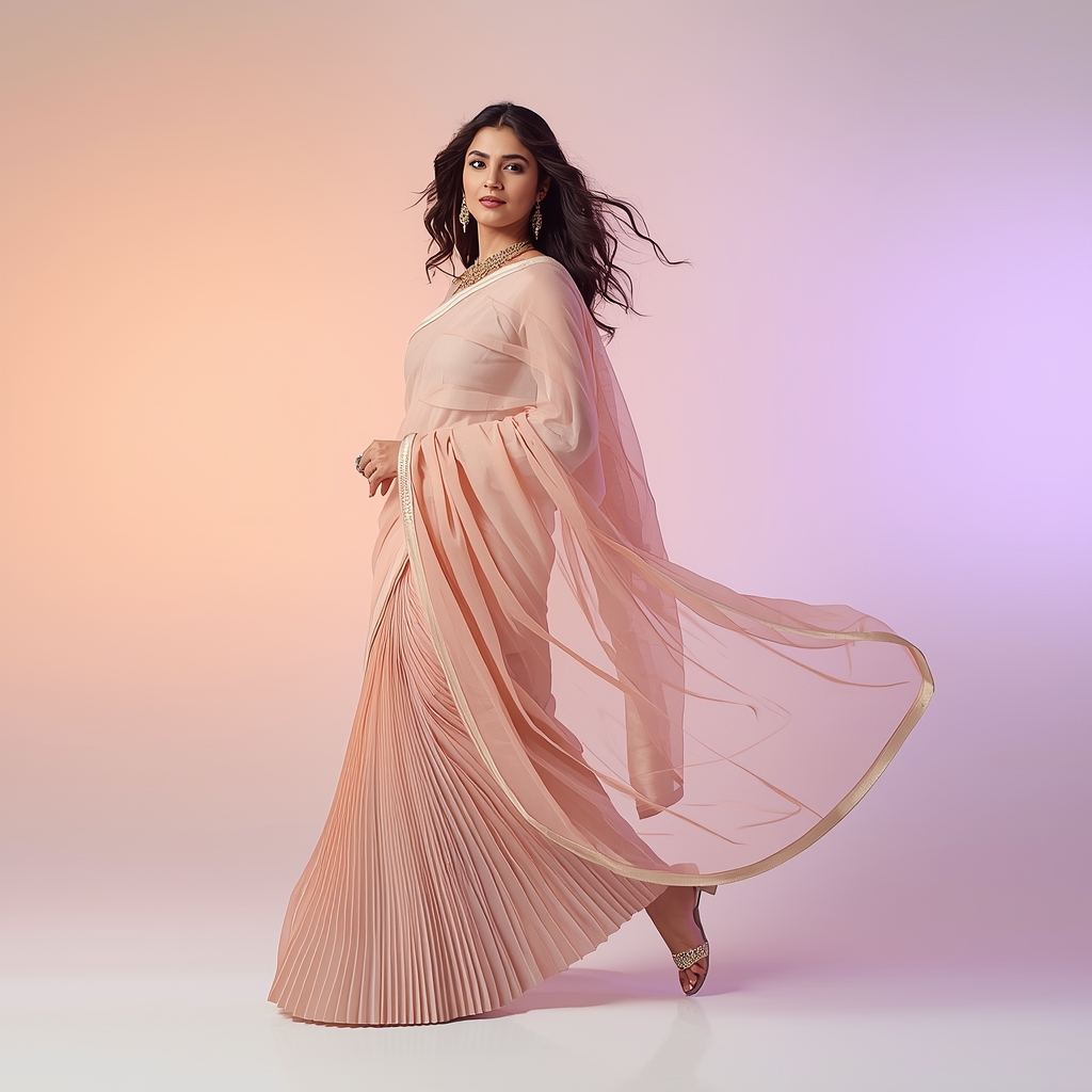 Pastel Indian Girl Soft Forward Arc Step Dupatta Trail Pose | Prompt For Gemini