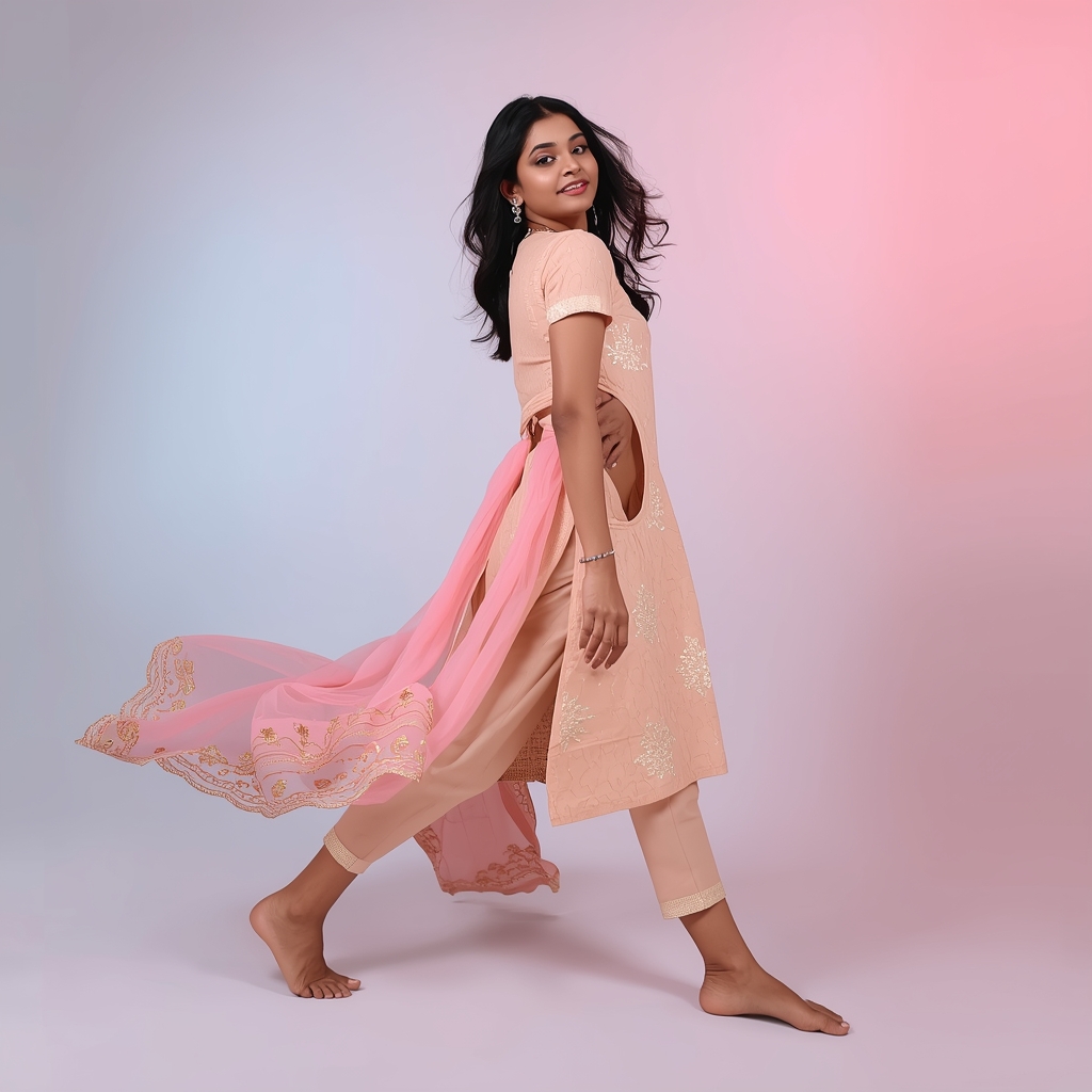 Pastel Kurta Set Girl Gentle Twist Step Flow Pose | Desi Girl Ai Prompt