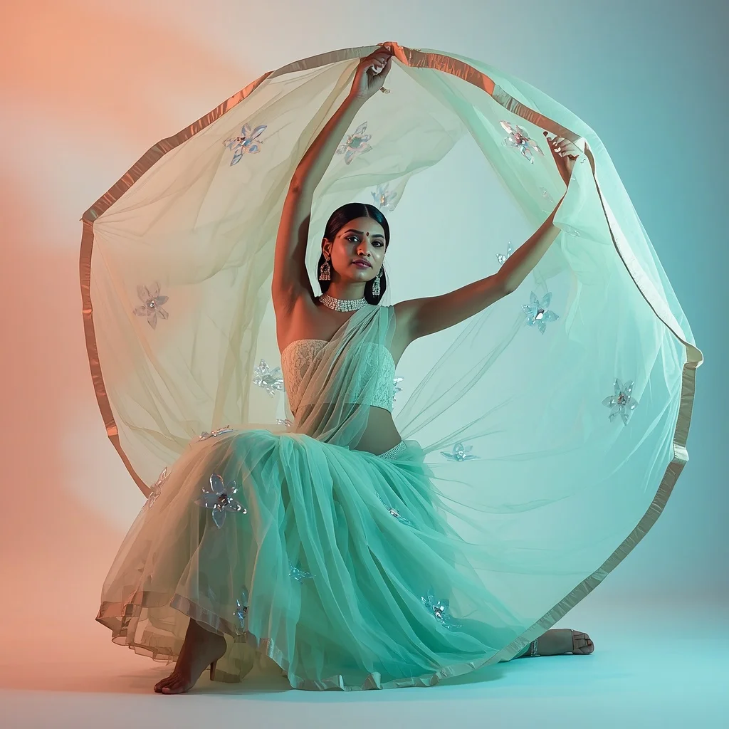 Pastel Mint Tulle Saree – Sweeping Spin Pose with Cyan Water Caustics | Gym Influencer Ai Prompt