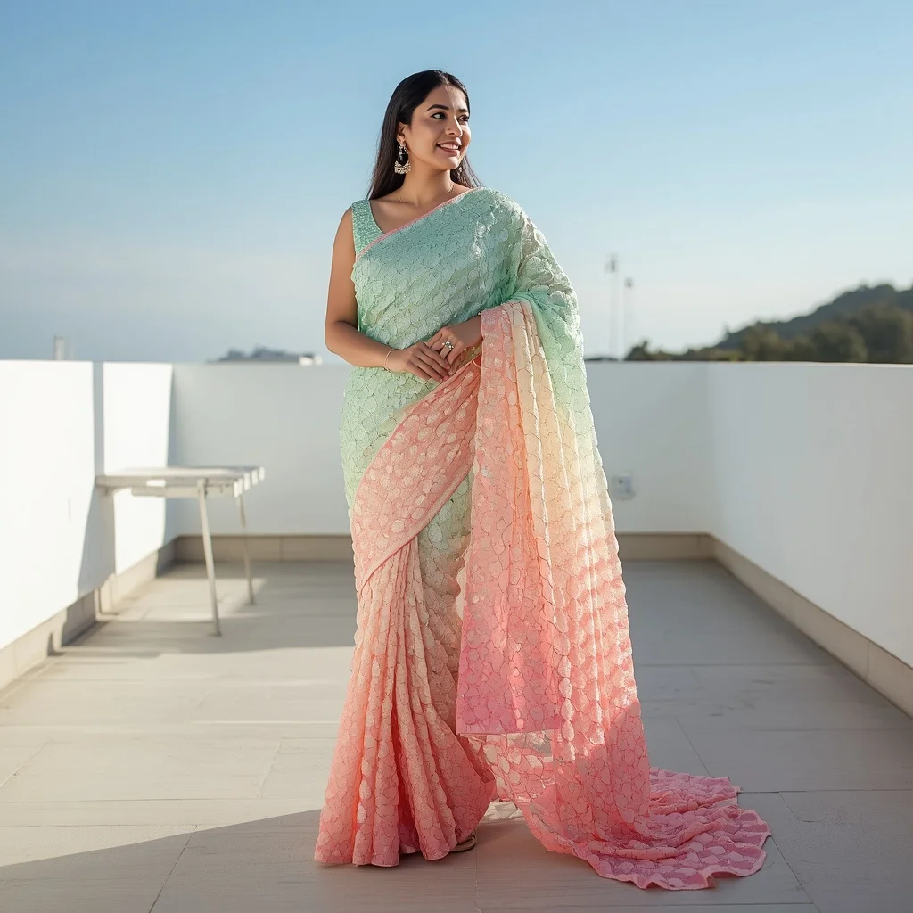 Pastel Ombre Dense Sequin Gradient Saree | Looking Away into Distance Pose | Google Prompt