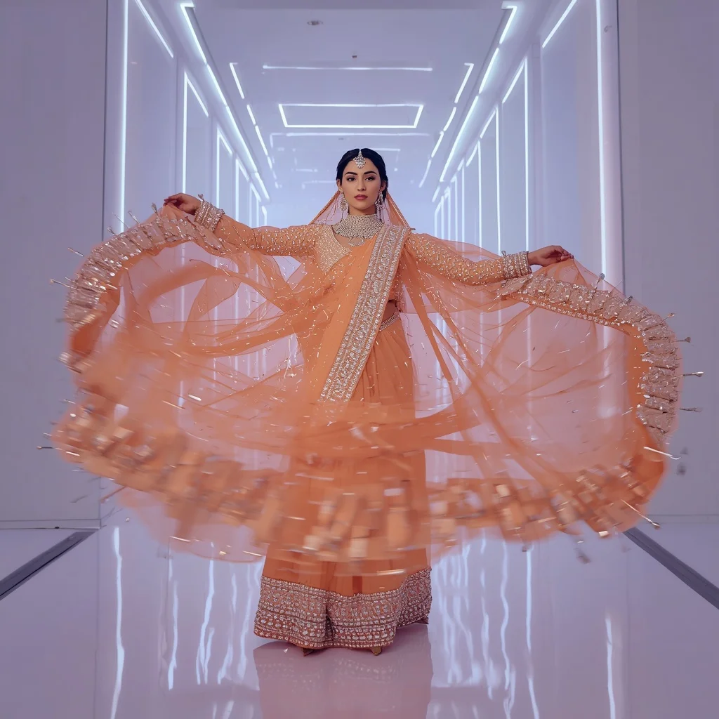 Pastel Orange Heavy Gemstone Saree with Dynamic Pallu Swirl Pose | Ai Prompt