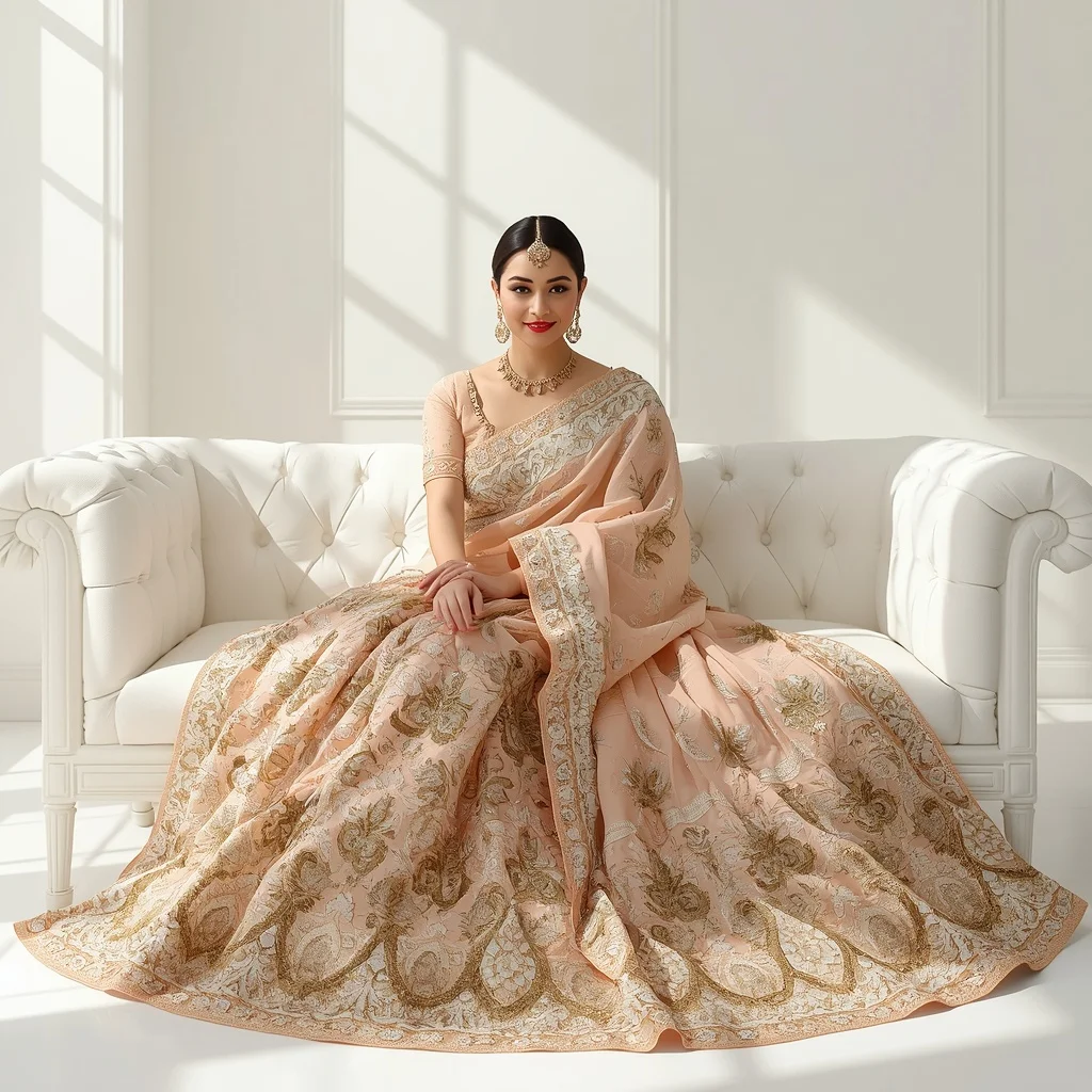 Pastel Peach Kundan & Heavy Zardozi Armor Saree | Sitting Royal Pose High Resolution | Best Prompt Ai For Girl