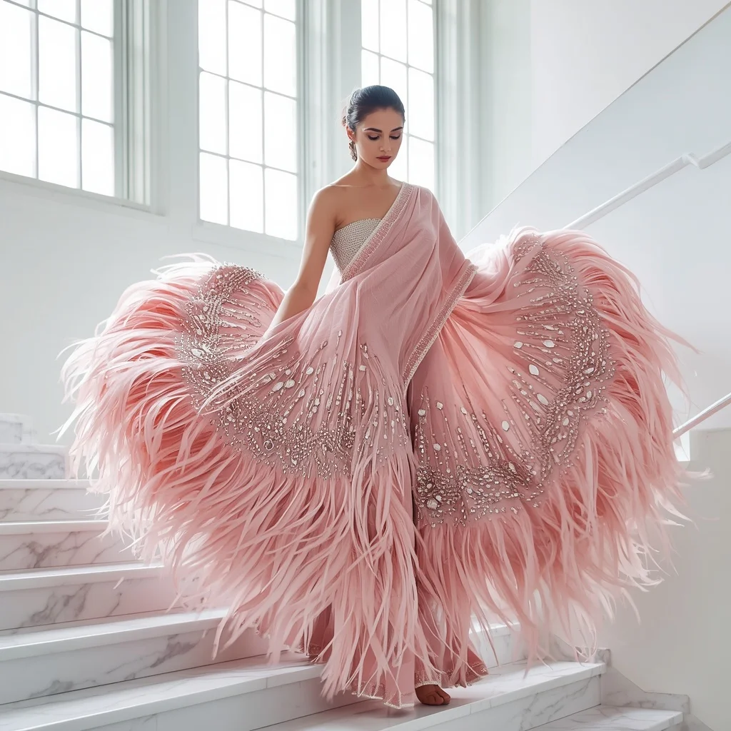 Pastel Pink Hyper-Embellished Feather & Rhinestone Saree | Graceful Mid-Step Pose | New Instagram Trend Prompt For Girl And Boy Copy And Paste