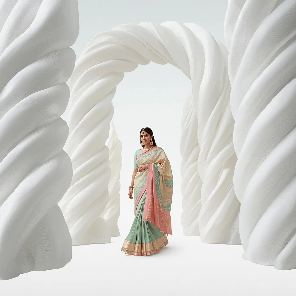 Pastel Saree Abstract Floating White Ribbon Architecture Lite Background Cinematic Prompt | Woman Pose Ai Prompt