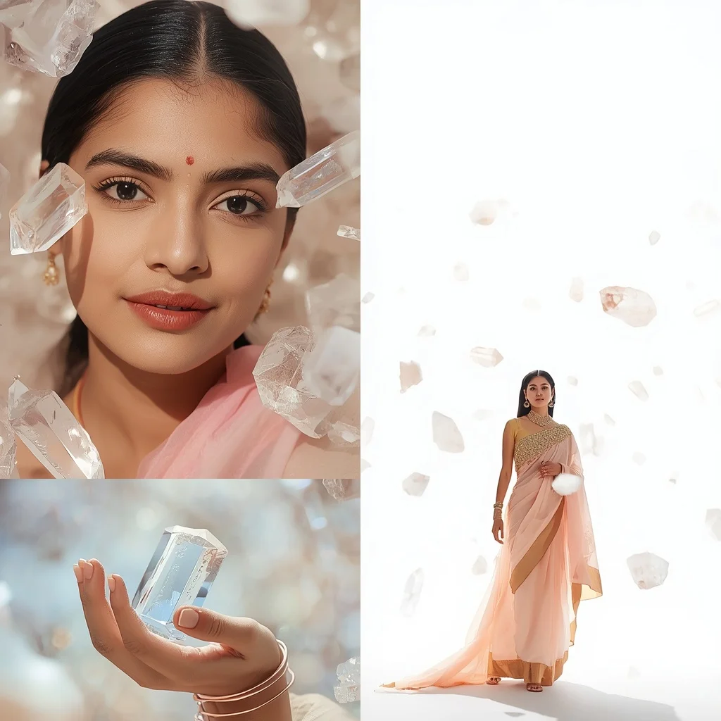 Pastel Saree Floating Clear Quartz Crystals Lite Background Cinematic Prompt | Indian Girl Ai Prompt