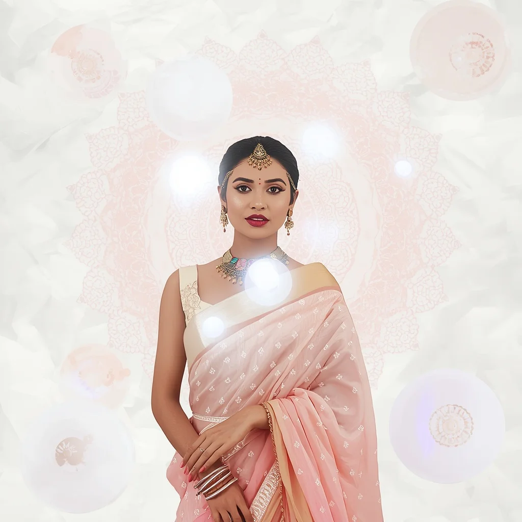 Pastel Saree Floating Holographic White Mandalas Lite Background Cinematic Prompt | Instagram Influencer Ai Prompt