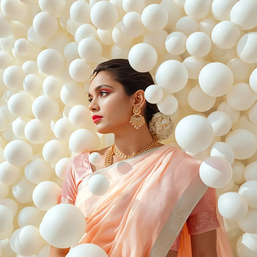 Pastel Saree Floating Matte White Spheres Lite Background Cinematic Prompt | Indian Girl Ai Prompt