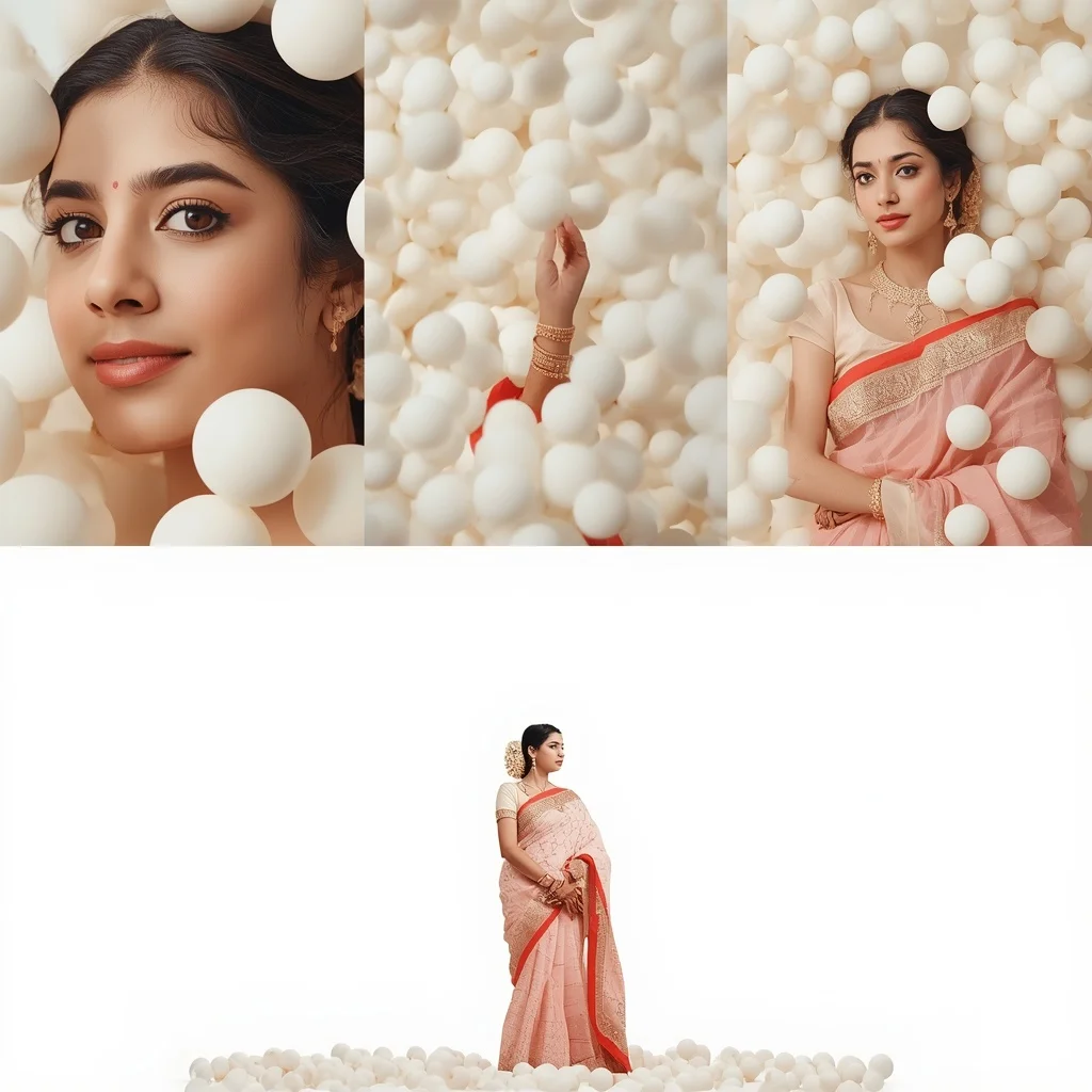 Pastel Saree Floating Matte White Spheres Lite Background Premium Prompt | Prompt For Traditional Look For Girl ChatGPT