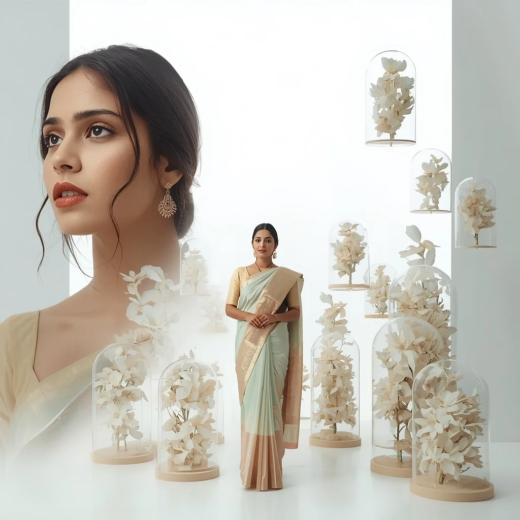 Pastel Saree Floating Preserved White Floral Domes Lite Background Premium Prompt | Youtube Thumbnail Ai Prompt