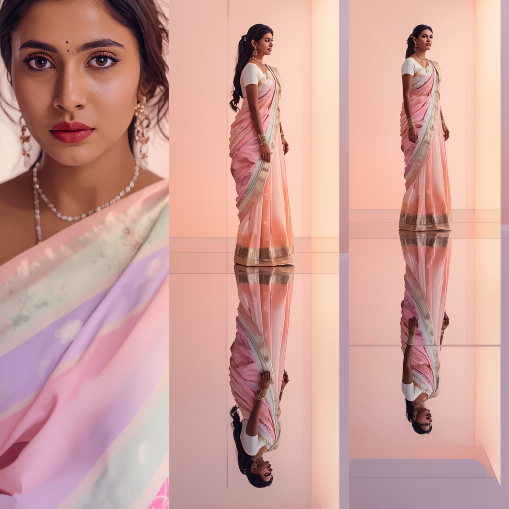 Pastel Saree Glass Reflection Floor Split Reality Cinematic Prompt | Beautiful Saree Girl Ai Prompt