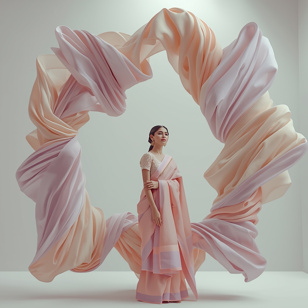 Pastel Saree Gravity Distortion Floating Fabric Bloom Expansion Cinematic Concept Prompt | Saree Prompt For Girls