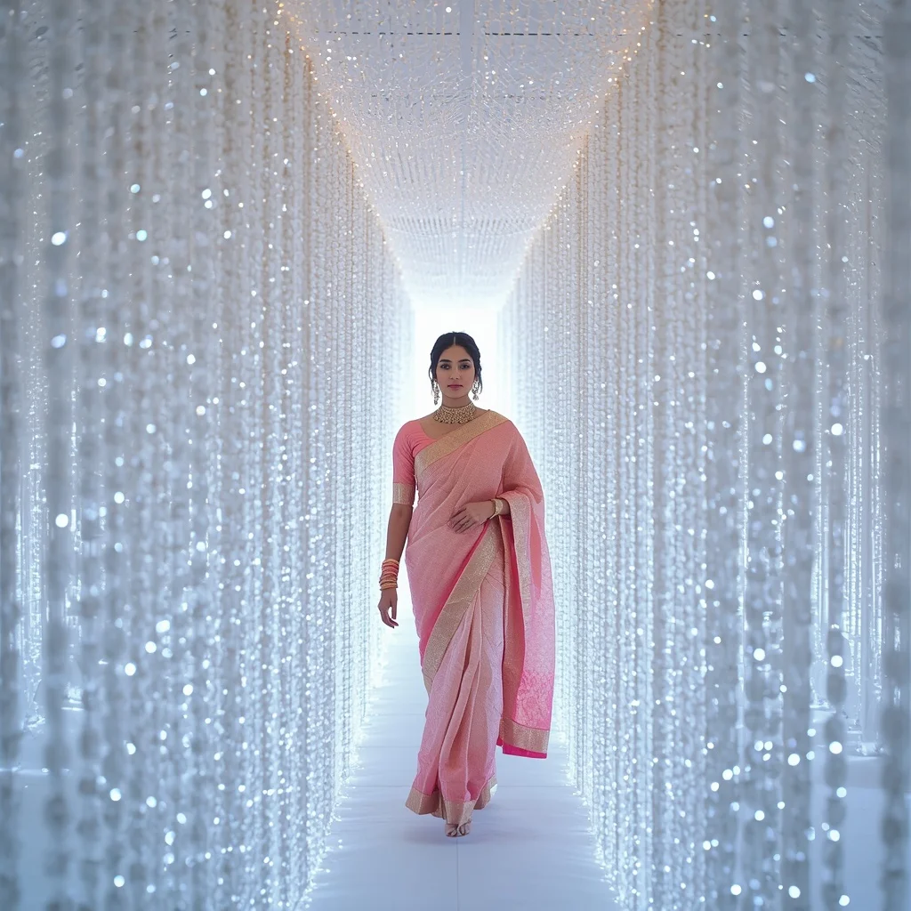 Pastel Saree Hanging White Crystal Curtains Lite Background Viral Prompt | Prompt For Gemini Ai Girl In Saree Copy And Paste