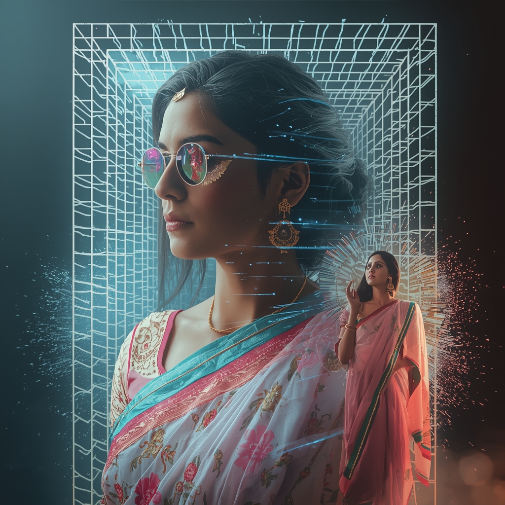 Pastel Saree Hyper Dimensional Grid Fragmentation Particle Explosion Cinematic Viral Prompt | Saree Couple Ai Prompt