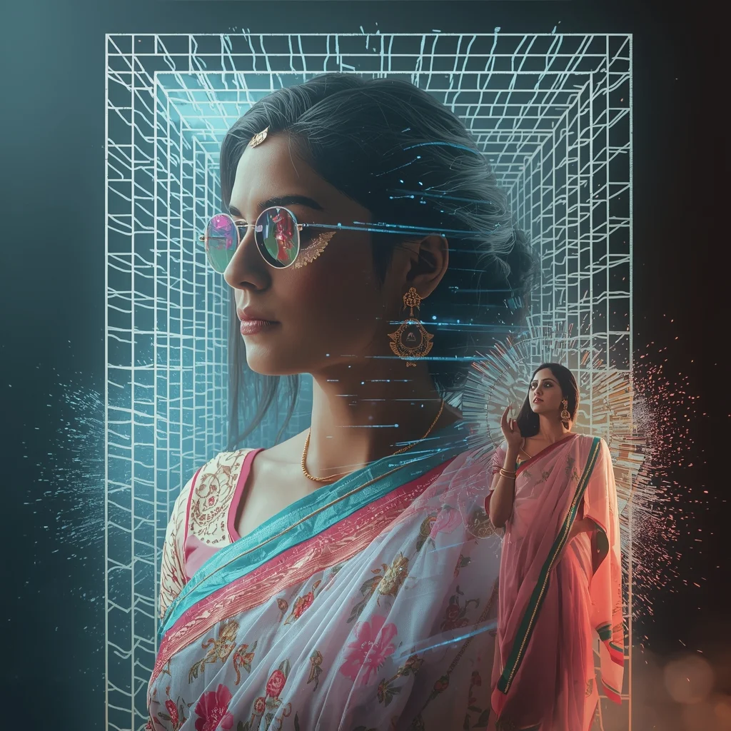 Pastel Saree Hyper Dimensional Grid Fragmentation Particle Explosion Cinematic Viral Prompt | Saree Couple Ai Prompt