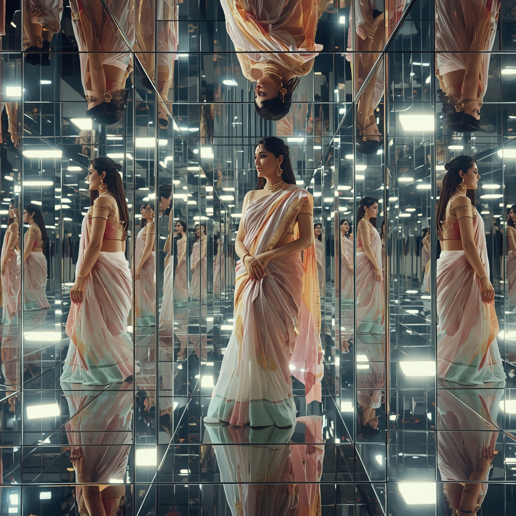 Pastel Saree Infinite Mirror Prism Reflection Depth Universe Cinematic Viral Prompt | Saree Woman Ai Prompt
