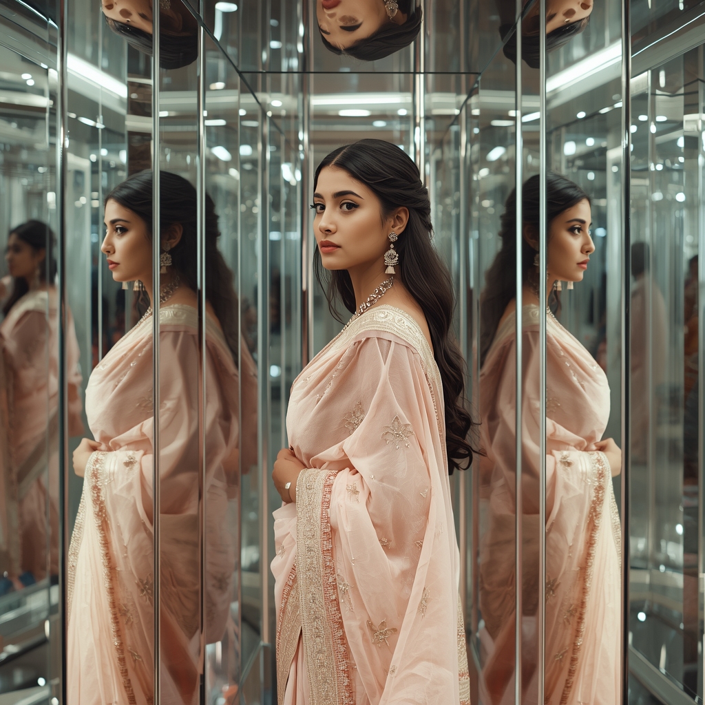 Pastel Saree Layered Reflection Mirror Panels Cinematic Prompt | Gemini Saree Prompt