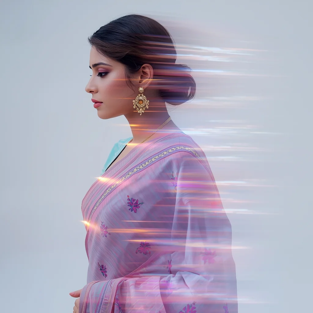 Pastel Saree Light Beam Body Fragment Projection Cinematic Prompt | Saree Dp Ai Prompt